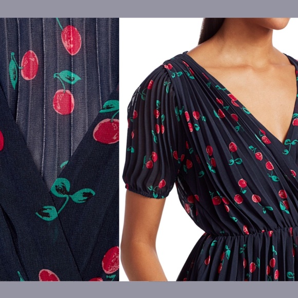 NWT $388 The Kooples [ 4‎ (XL) ] V-Neck Cherry Print Asymmetric Dress #G903 - Picture 2 of 14